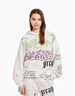 BERSHKA Sweat capuche imprimé Blanc cassé Clearance