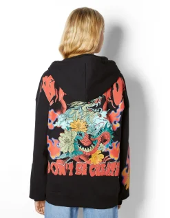 BERSHKA Sweat capuche imprimé Noir Shop