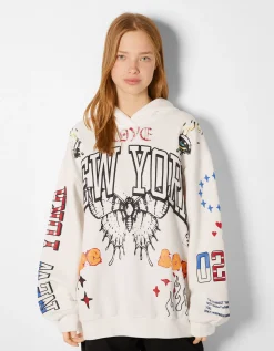 BERSHKA Sweat capuche imprimé Bleu foncé Hot