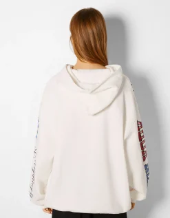 BERSHKA Sweat capuche imprimé Bleu foncé Hot