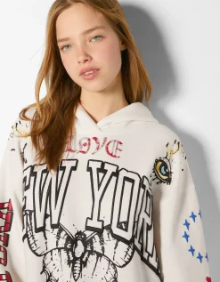 BERSHKA Sweat capuche imprimé Bleu foncé Hot