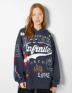 BERSHKA Sweat capuche imprimé Bleu foncé Best Sale