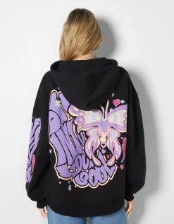 BERSHKA Sweat capuche imprimé Noir Sale