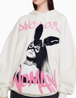 BERSHKA Sweat capuche imprimé Ariana Grande Blanc cassé New