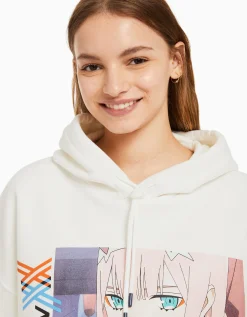 BERSHKA Sweat capuche imprimé Darling in the Franxx Blanc cassé Cheap