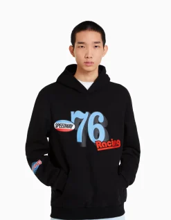 BERSHKA Sweat capuche imprimé racing Noir Flash Sale