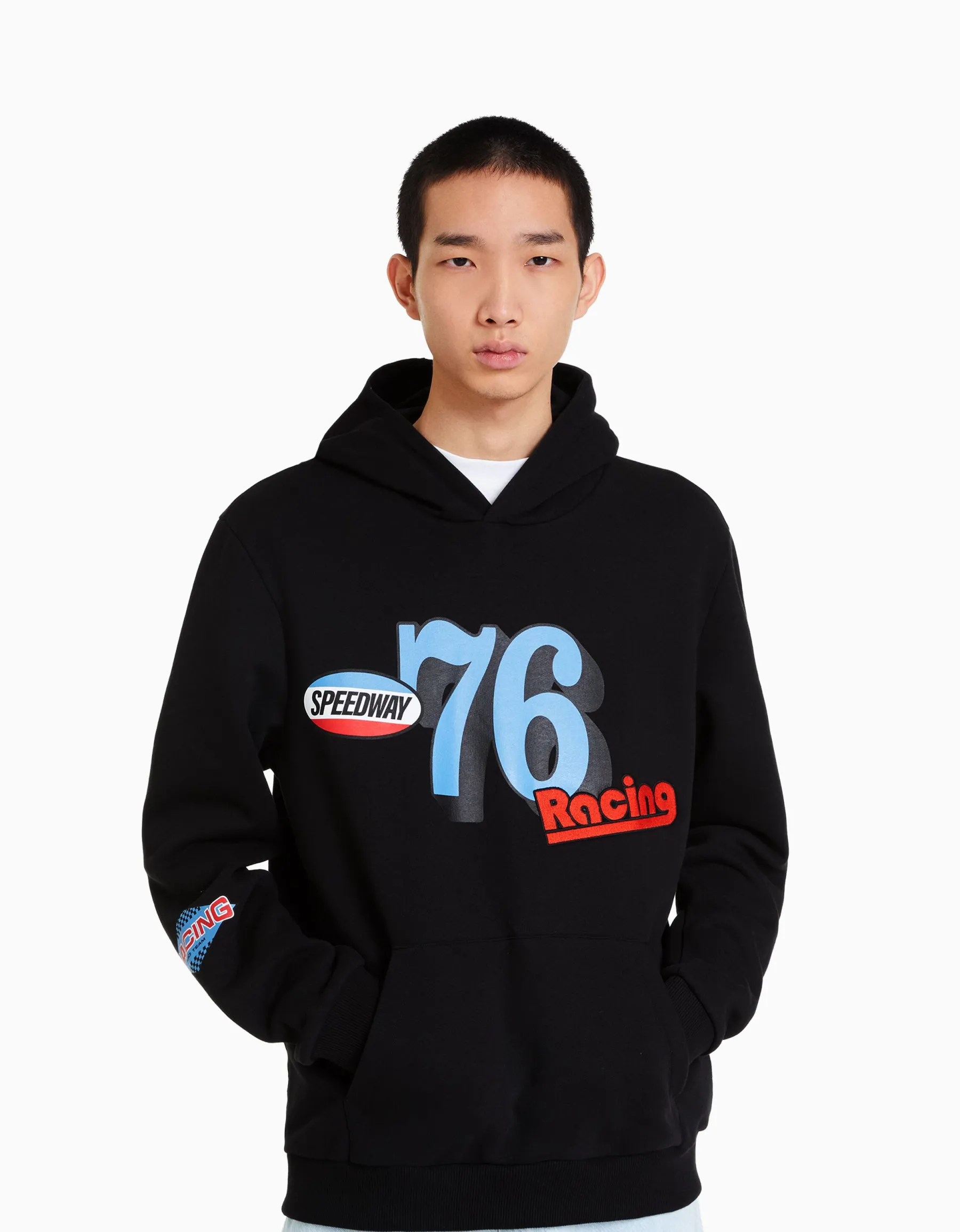 BERSHKA Sweat capuche imprimé racing Noir Flash Sale
