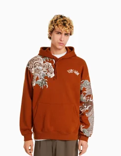 BERSHKA Sweat capuche imprimé tigre Camel Cheap
