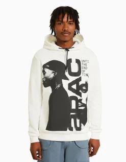 BERSHKA Sweat capuche Tupac Blanc Cheap
