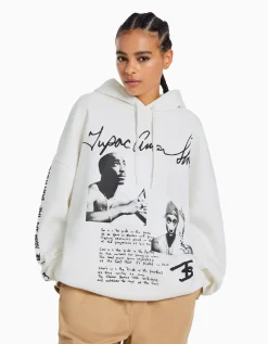 BERSHKA Sweat capuche Tupac Blanc cassé Hot