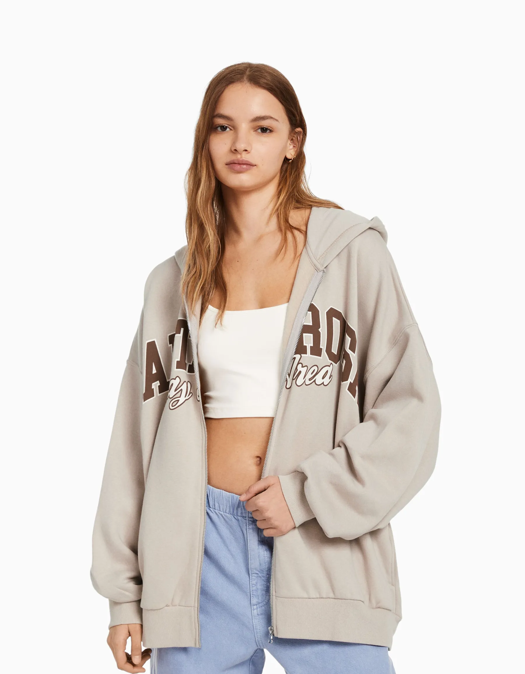 BERSHKA Sweat capuche zippé imprimé varsity Marine Best