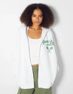 BERSHKA Sweat capuche zippé imprimé varsity Marine Flash Sale