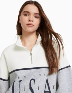 BERSHKA Sweat col montant imprimé Gris Sale