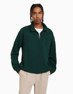 BERSHKA Sweat col montant zippé Vert Hot