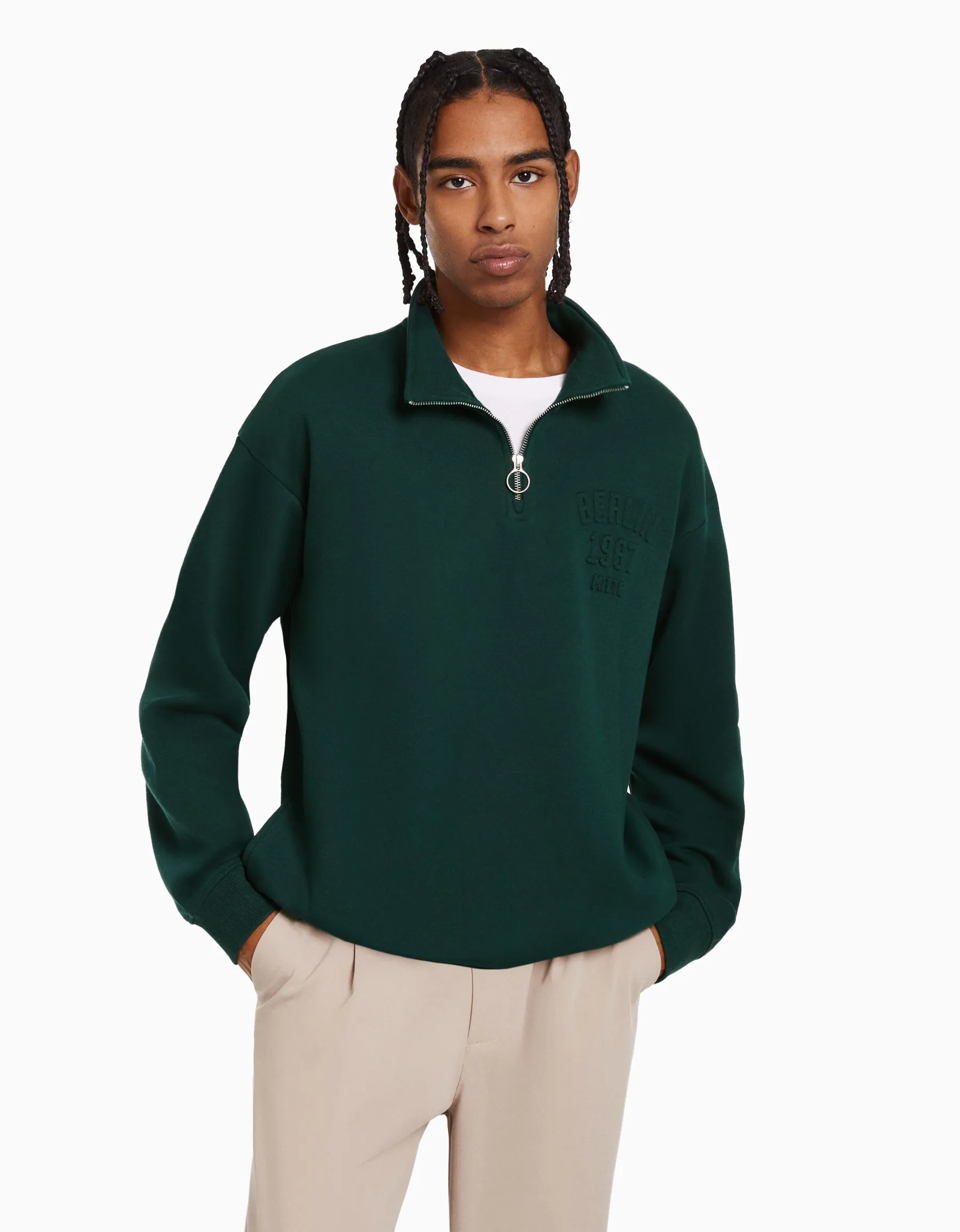 BERSHKA Sweat col montant zippé Vert Hot