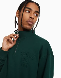 BERSHKA Sweat col montant zippé Vert Hot