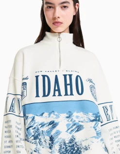 BERSHKA Sweat col montant zippé imprimé Blanc cassé Sale
