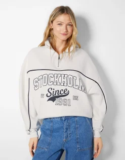 BERSHKA Sweat col montant zippé imprimé Bleu foncé Store
