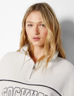 BERSHKA Sweat col montant zippé imprimé Bleu foncé Store