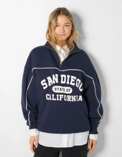 BERSHKA Sweat col montant zippé imprimé San Diego Bleu foncé Clearance