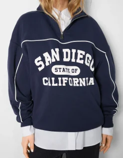 BERSHKA Sweat col montant zippé imprimé San Diego Bleu foncé Clearance