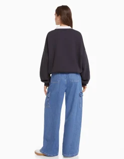 BERSHKA Sweat col polo imprimé Gris Clearance