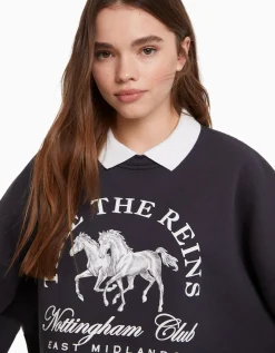 BERSHKA Sweat col polo imprimé Gris Clearance