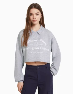 BERSHKA Sweat col polo imprimé Marine Sale