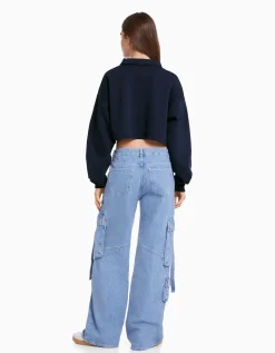 BERSHKA Sweat col polo imprimé Marine Best