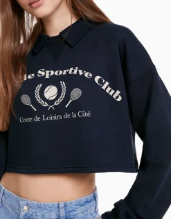 BERSHKA Sweat col polo imprimé Marine Best