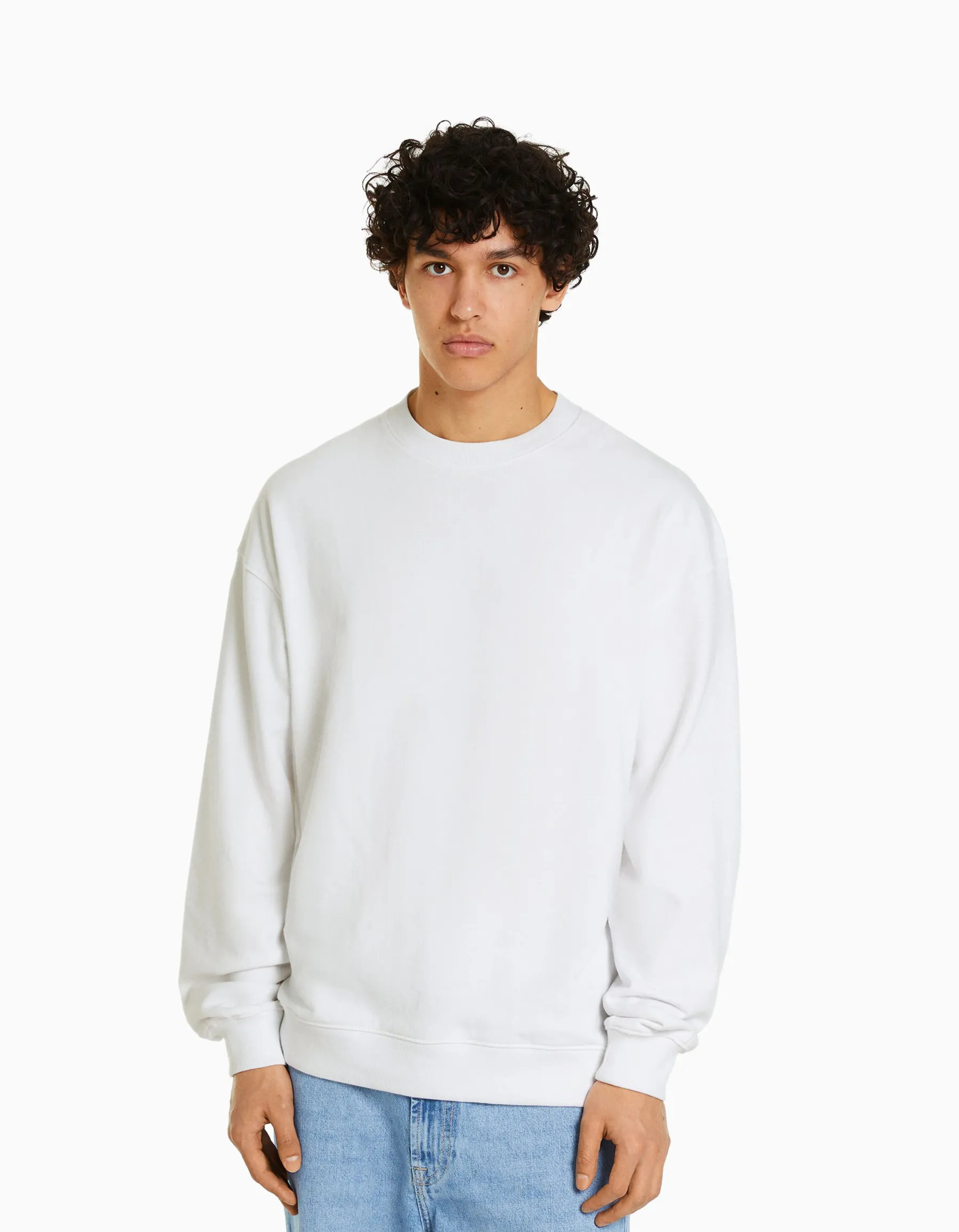 BERSHKA Sweat col rond Blanc Outlet
