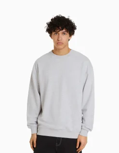 BERSHKA Sweat col rond Gris Outlet