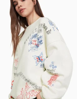 BERSHKA Sweat col rond imprimé Écru Sale