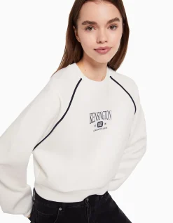 BERSHKA Sweat col rond imprimé contraste Bleu Flash Sale
