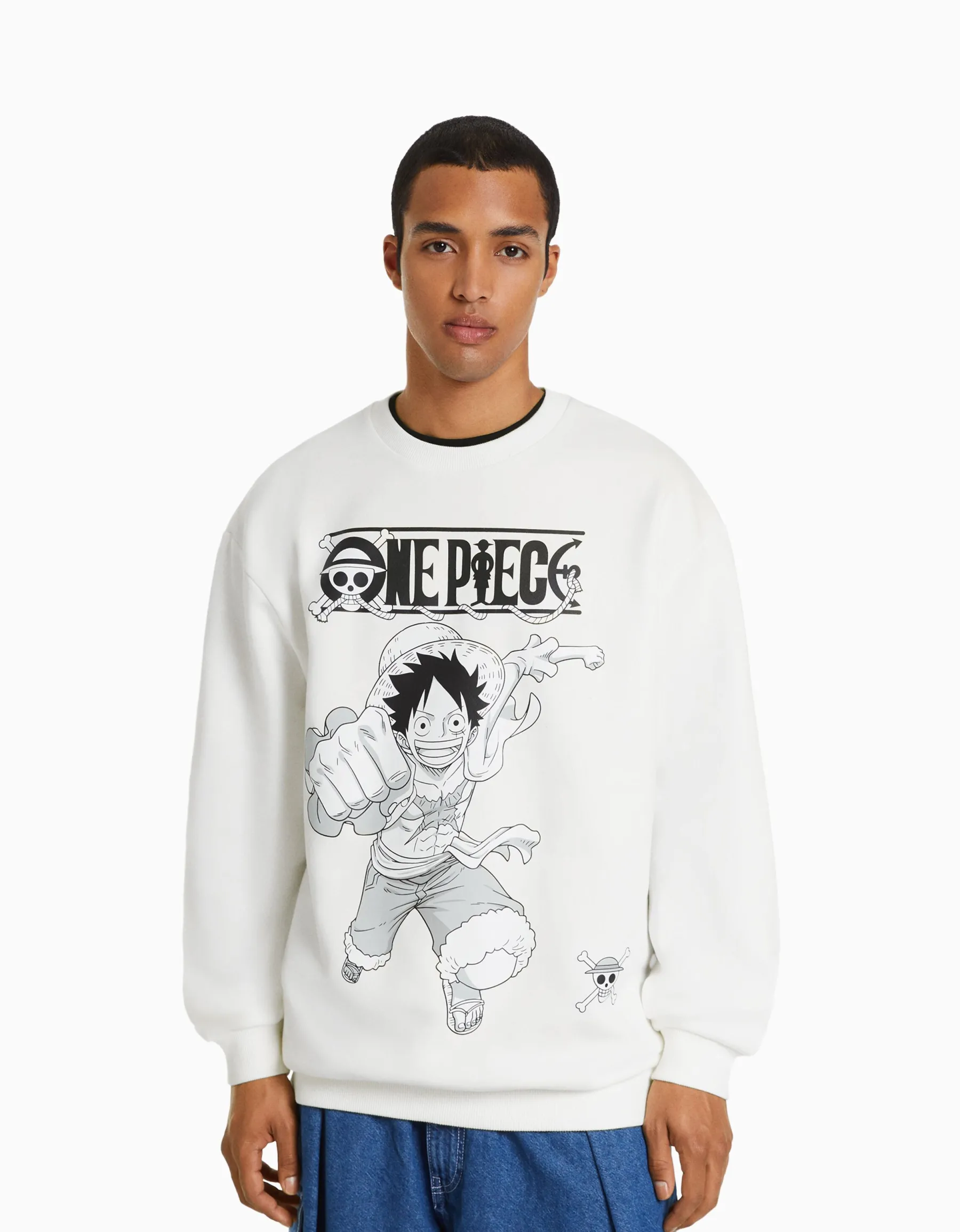 BERSHKA Sweat col rond imprimé One Piece Blanc Online