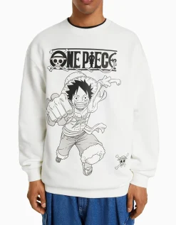 BERSHKA Sweat col rond imprimé One Piece Blanc Online