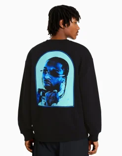 BERSHKA Sweat col rond Pop Smoke Noir Outlet
