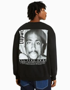 BERSHKA Sweat col rond Tupac Noir Hot