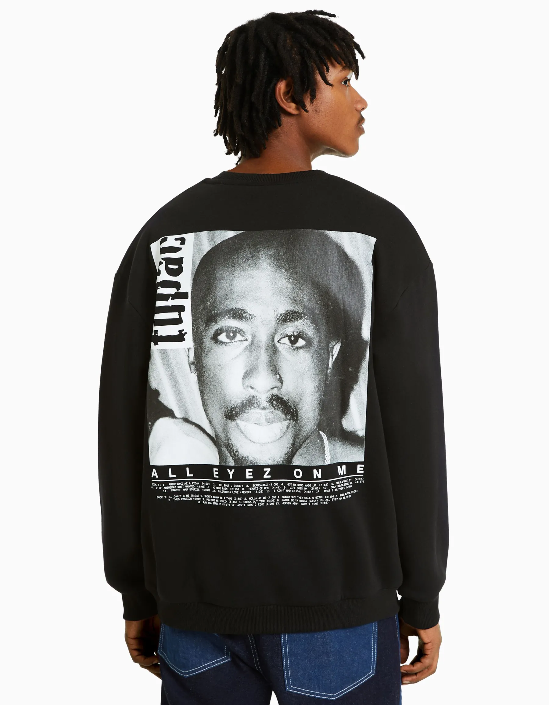 BERSHKA Sweat col rond Tupac Noir Hot