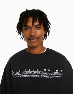 BERSHKA Sweat col rond Tupac Noir Hot