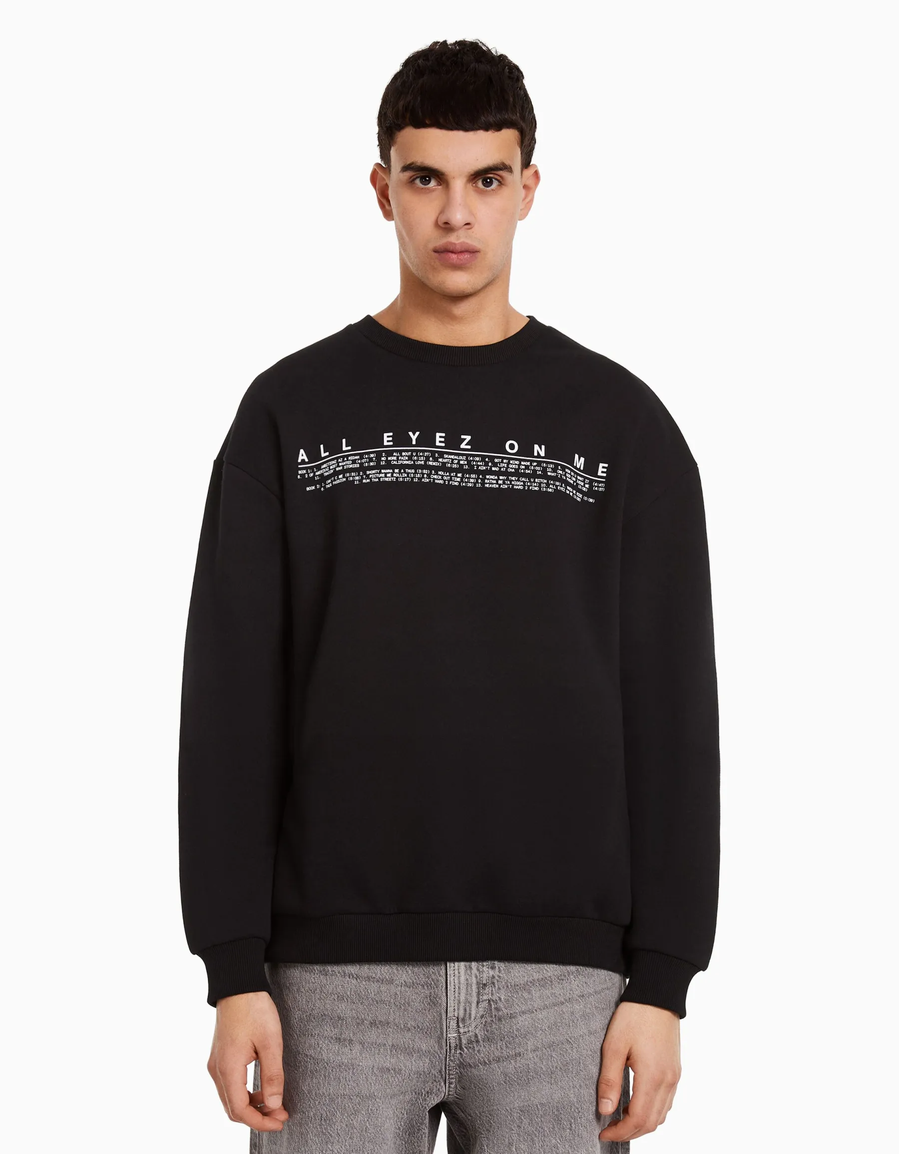 BERSHKA Sweat col rond Tupac Noir Hot