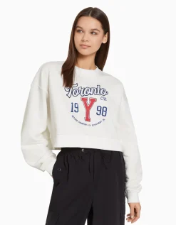 BERSHKA Sweat cropped à imprimé Blanc cassé Hot