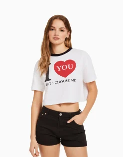 BERSHKA Sweat cropped imprimé manches courtes Gris Discount