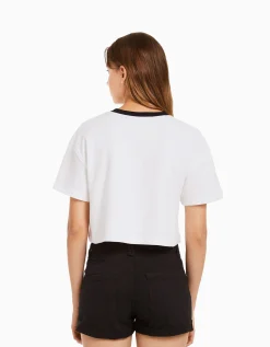 BERSHKA Sweat cropped imprimé manches courtes Gris Discount