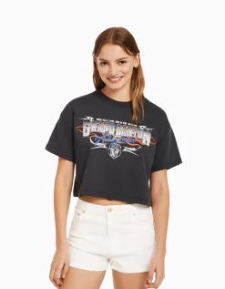 BERSHKA Sweat cropped imprimé manches courtes Gris Flash Sale
