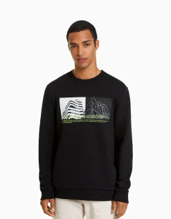 BERSHKA Sweat easy fit imprimé photo Blanc Outlet