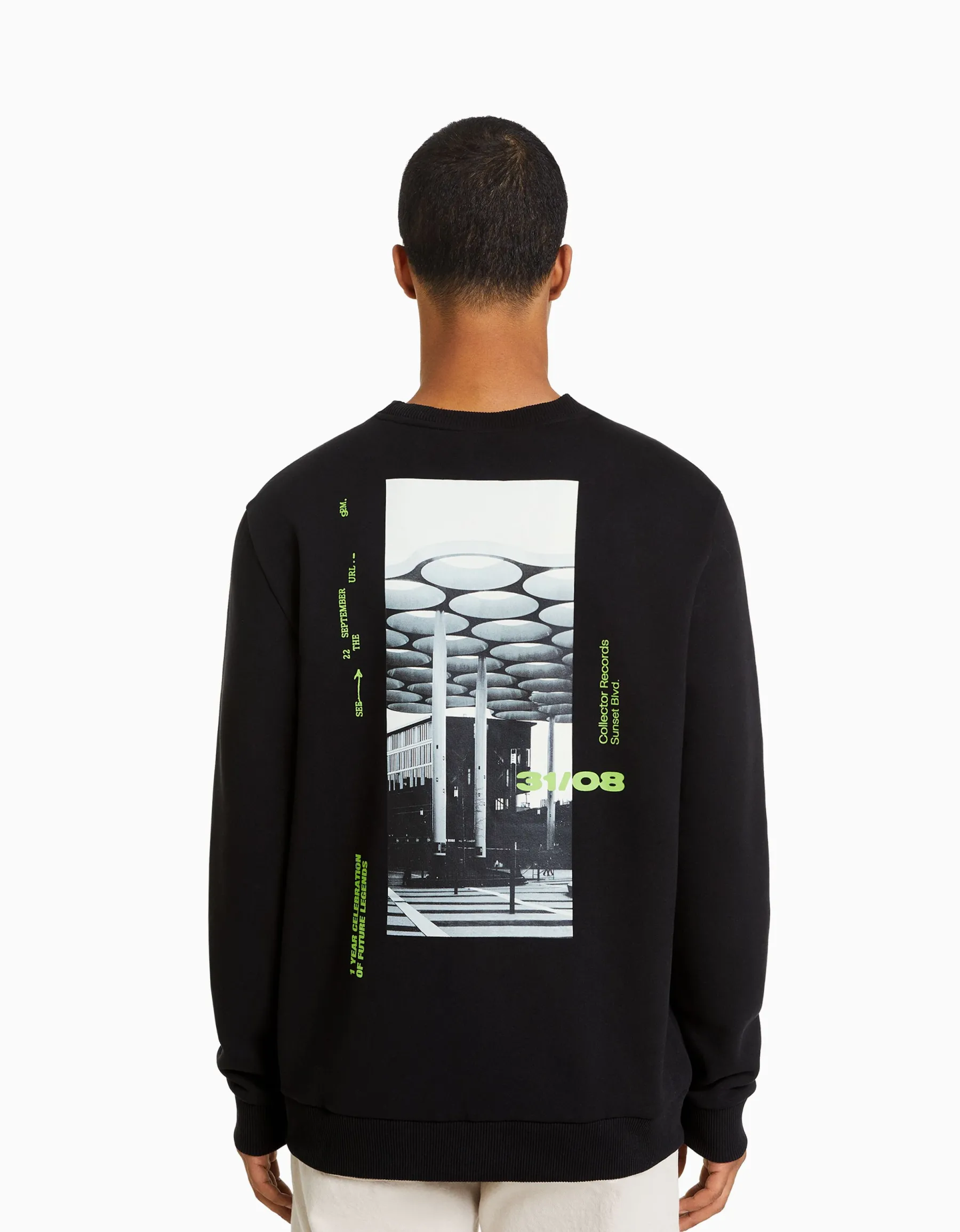 BERSHKA Sweat easy fit imprimé photo Blanc Outlet