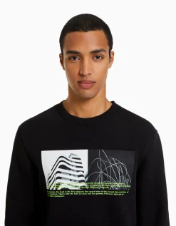 BERSHKA Sweat easy fit imprimé photo Blanc Outlet