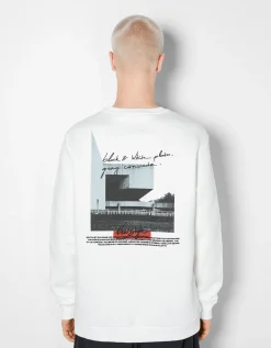 BERSHKA Sweat easy fit imprimé photo Blanc New