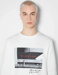 BERSHKA Sweat easy fit imprimé photo Blanc New